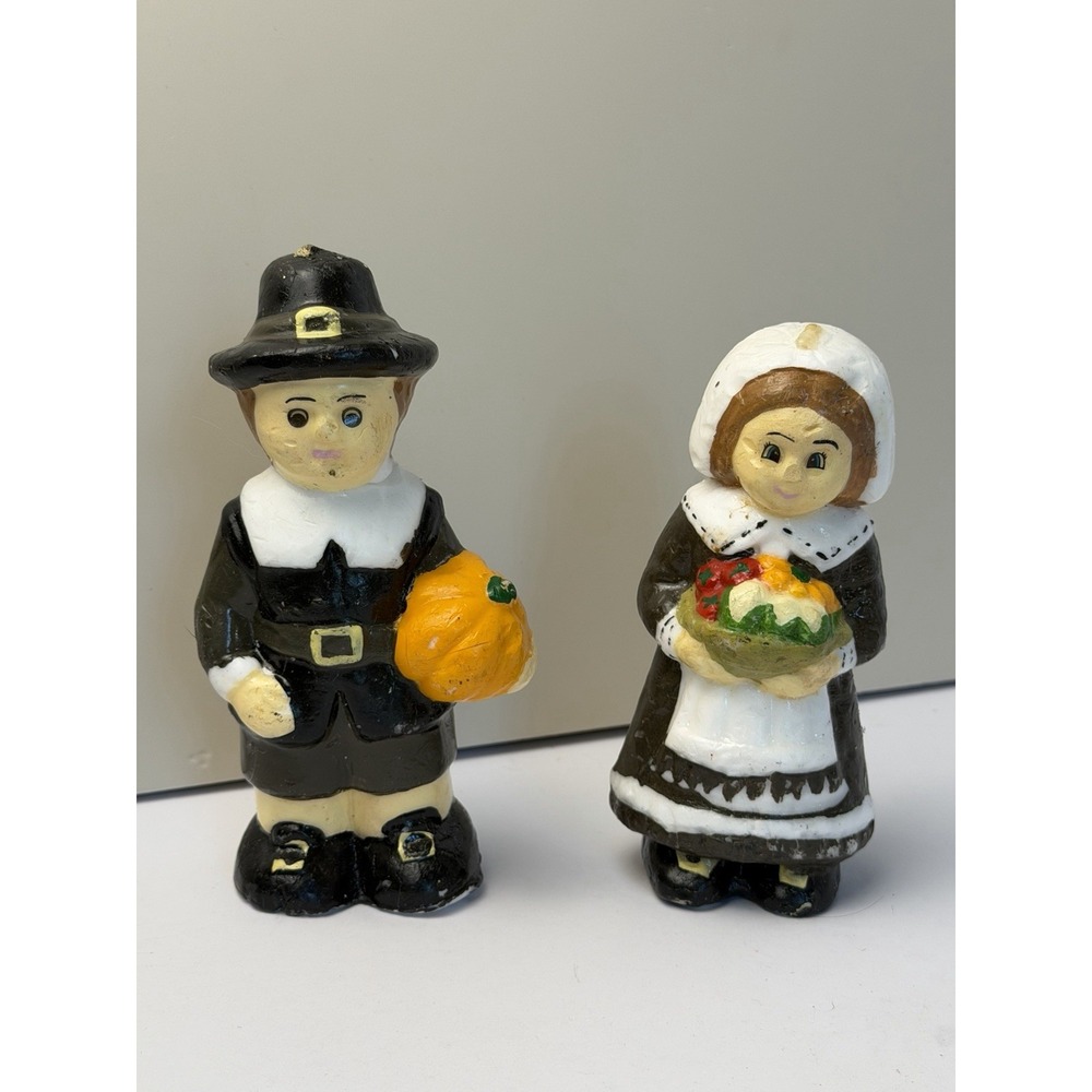 Thanksgiving Pilgrim Couple Wax Candle Set Figurines Harvest Decor *Read*